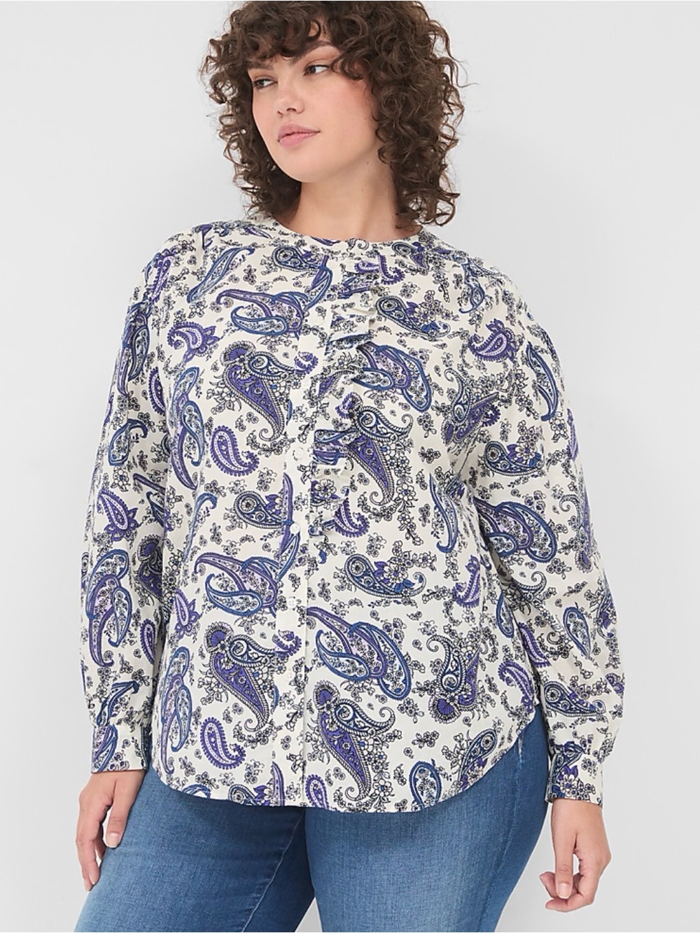 Lane Bryant Blue Paisley Ruffle Button Blouse Size 18 Cotton